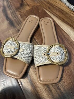 a new day Beige Woven Slide Mules with Gold Buckle